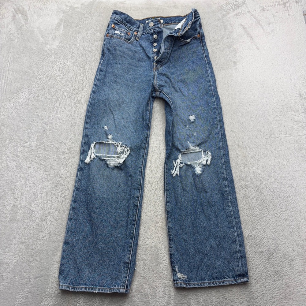 Levis Ribcage Straight Ankle Womens 27 Blue Distressed High Rise Denim Jeans